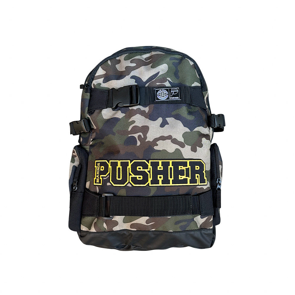 Camo backpack with "pushher" logo, perfect for outdoor adventures