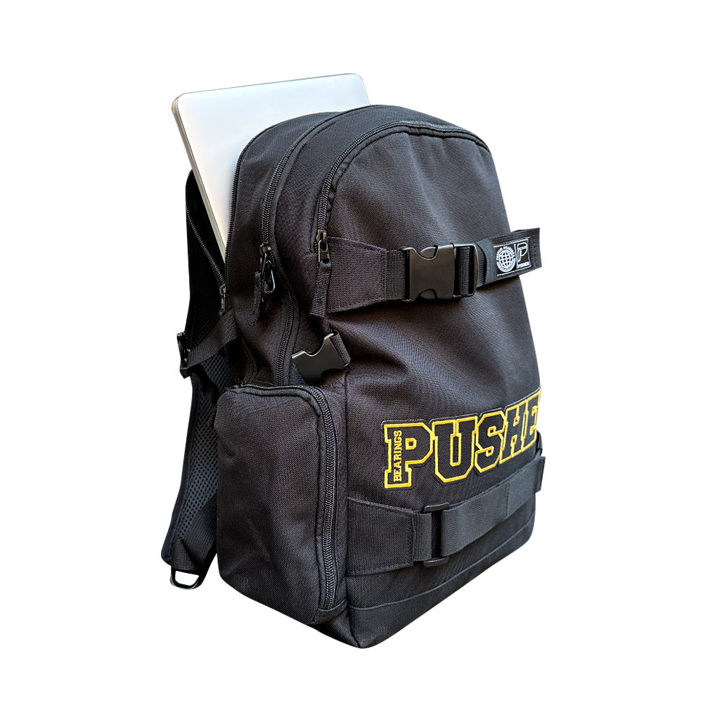 Stylish laptop backpack featuring a bold "push" design, perfect for work or travel.