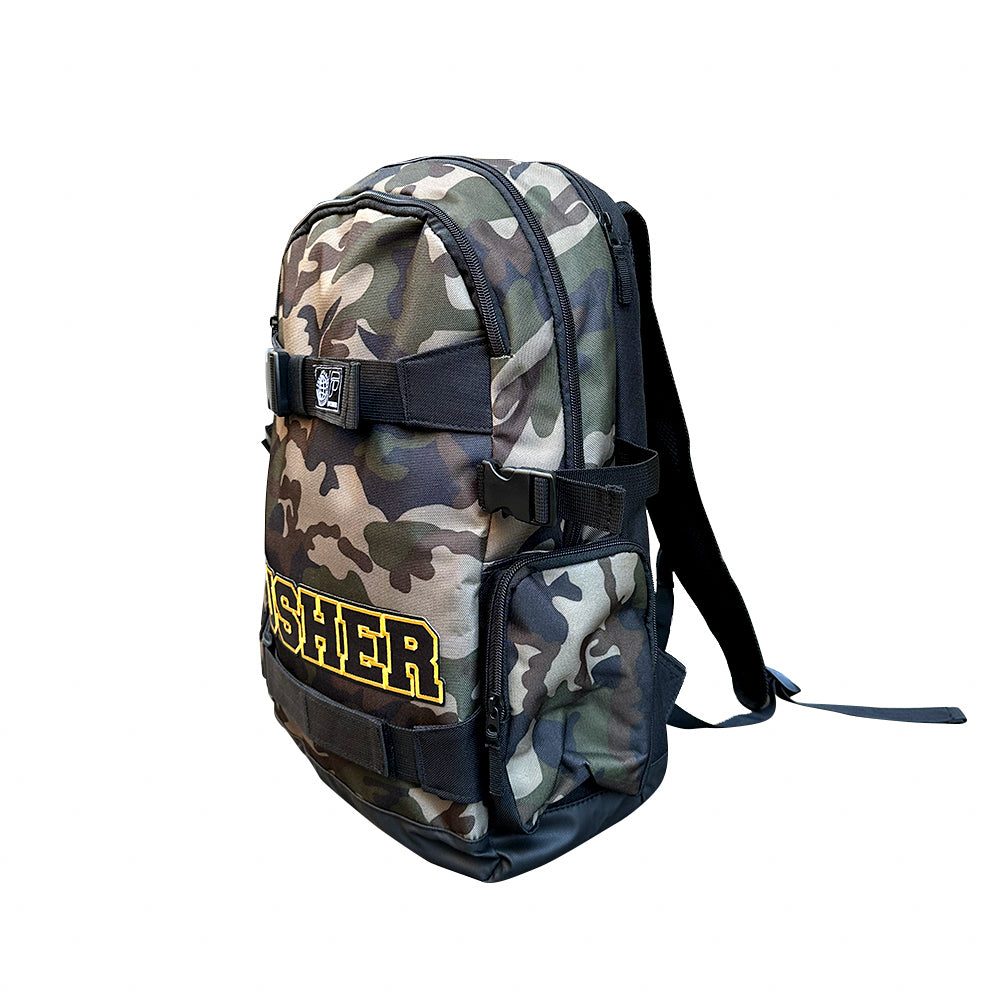 Camo backpack with "pushher" logo, perfect for outdoor adventures
