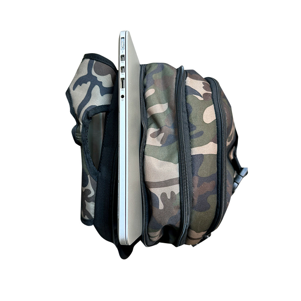 Camo backpack with "pushher" logo, perfect for outdoor adventures