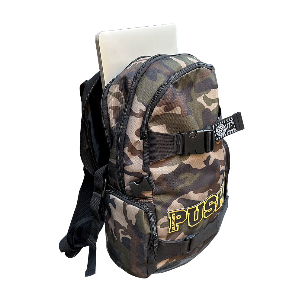 Camo backpack with "pushher" logo, perfect for outdoor adventures