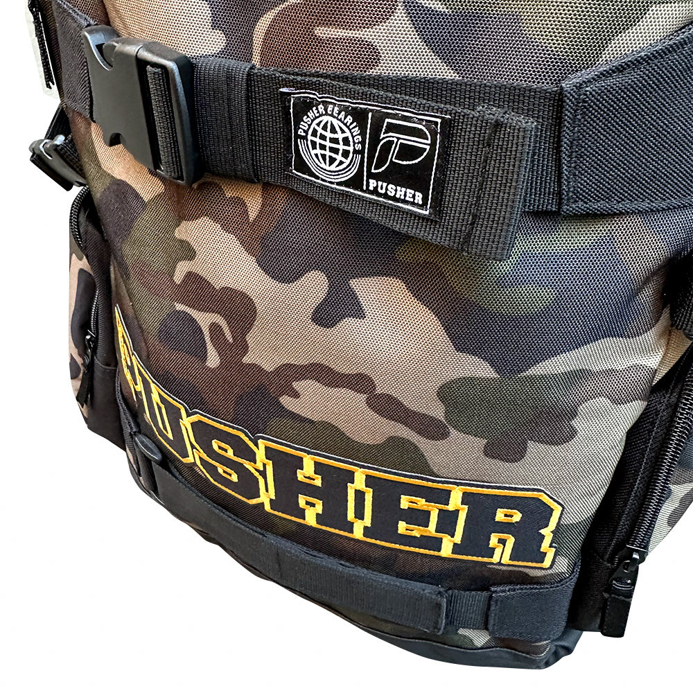 Trendy camo backpack with "pushher" label, great for daily use
