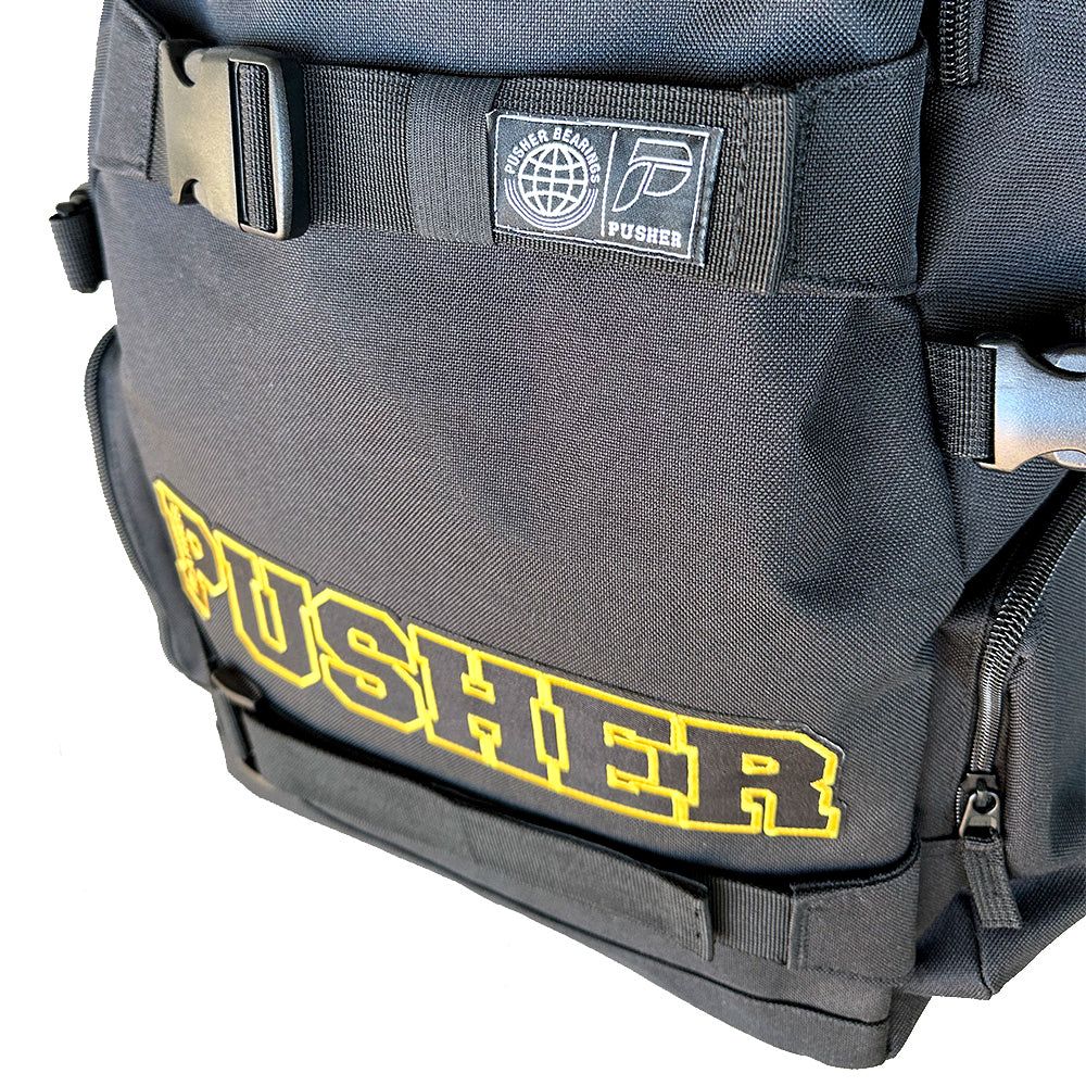 A black backpack with the word "Busher" on it, perfect for carrying your essentials on the go!