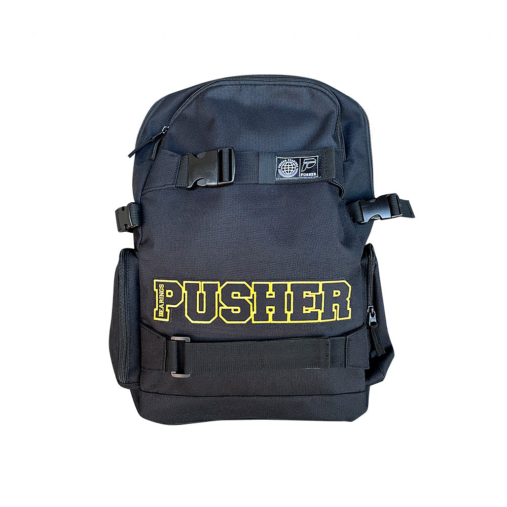 A black backpack with the word "Pusher" on it, suitable for carrying essentials.