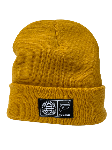 Stay warm and fashionable with this mustard beanie showcasing "The World is a Circle" design