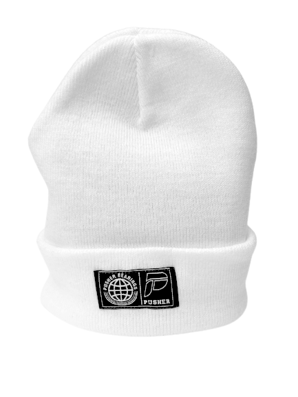 Stay warm and fashionable with this white beanie showcasing "The World is a Circle" design