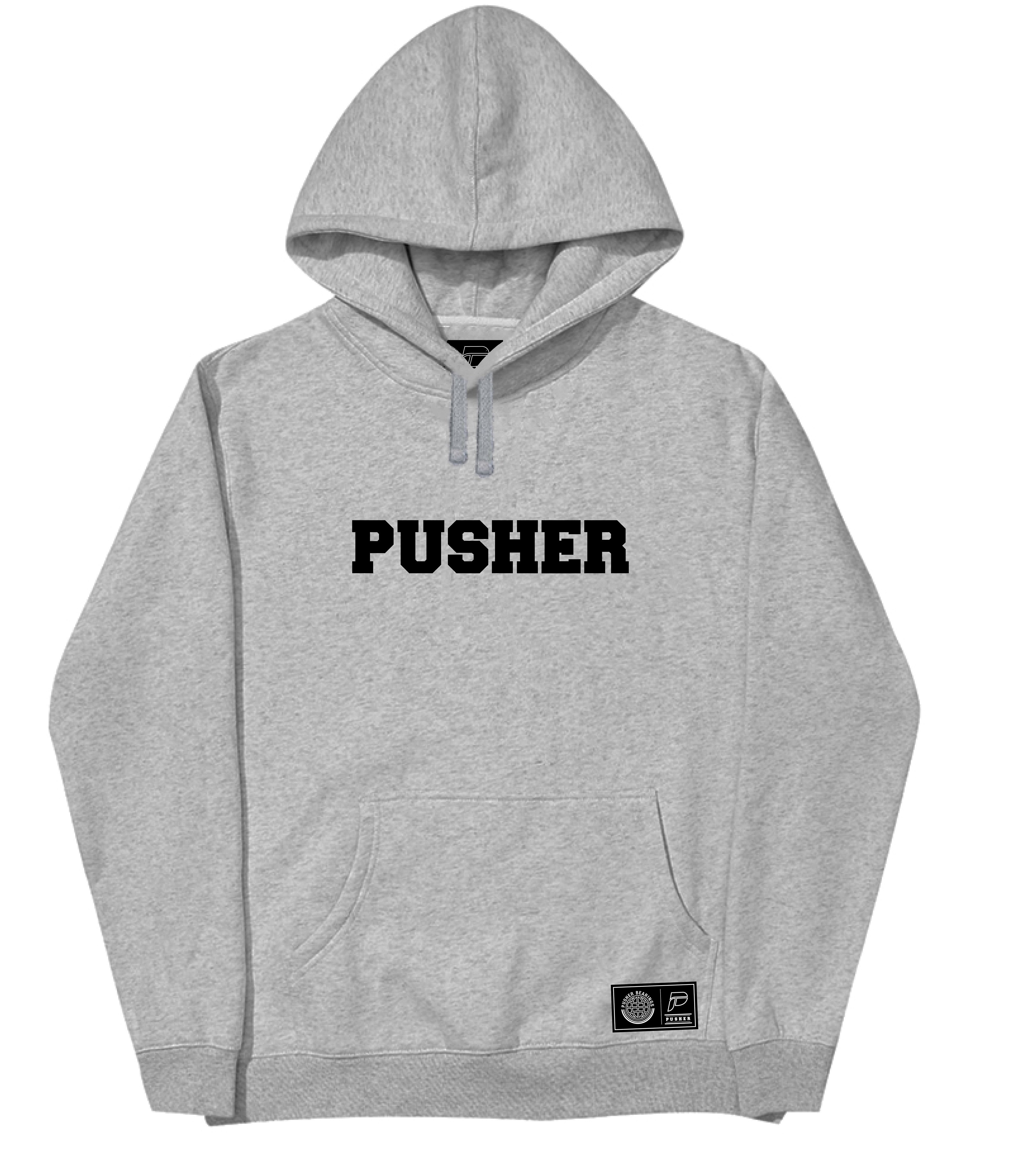 Stay cozy and stylish with our grey Pushher hoodie. Perfect for any occasion. Get yours now!